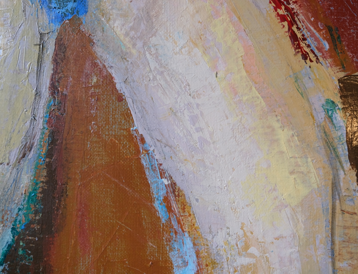 Abstract acrylic painting with textured brushstrokes in warm rust orange, cream white, and deep red, accented by teal and sky blue lines, evoking a mountainous form.