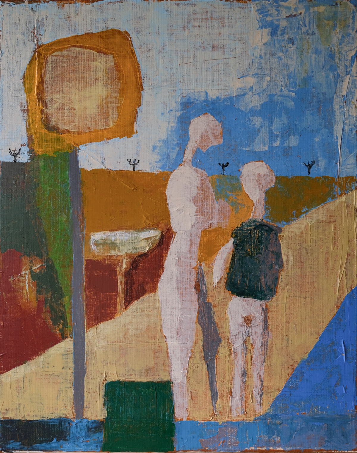 Abstract painting of two elongated figures on a tan path, one with a dark backpack, beneath a large ochre circular sign and blue sky.