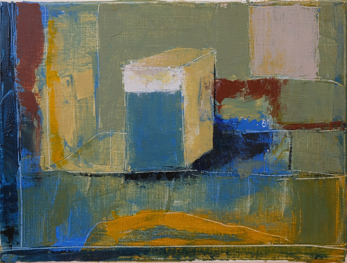 Abstract painting with a geometric cube shape in tan and blue, set against sage green, mustard, rust red, and pale pink blocks of color.