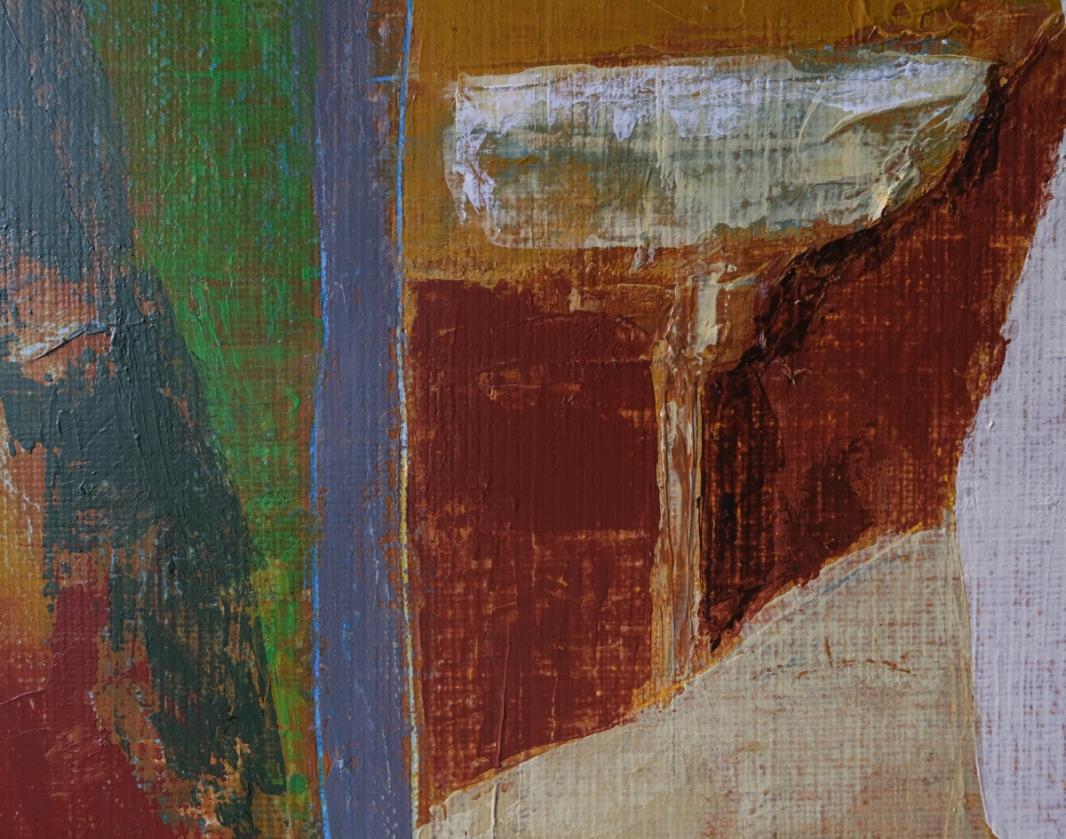 Close-up of textured abstract oil painting with rust red, ochre, dark green, and slate blue-gray fields, thick impasto brushstrokes, warm earthy tones.