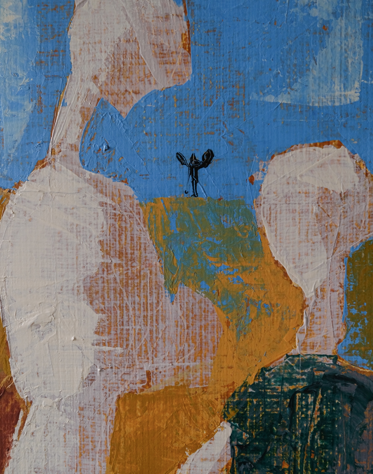 Abstract expressionist painting of two large pale figures in profile facing each other, blue sky, ochre and teal ground, tiny black stick figure between them.