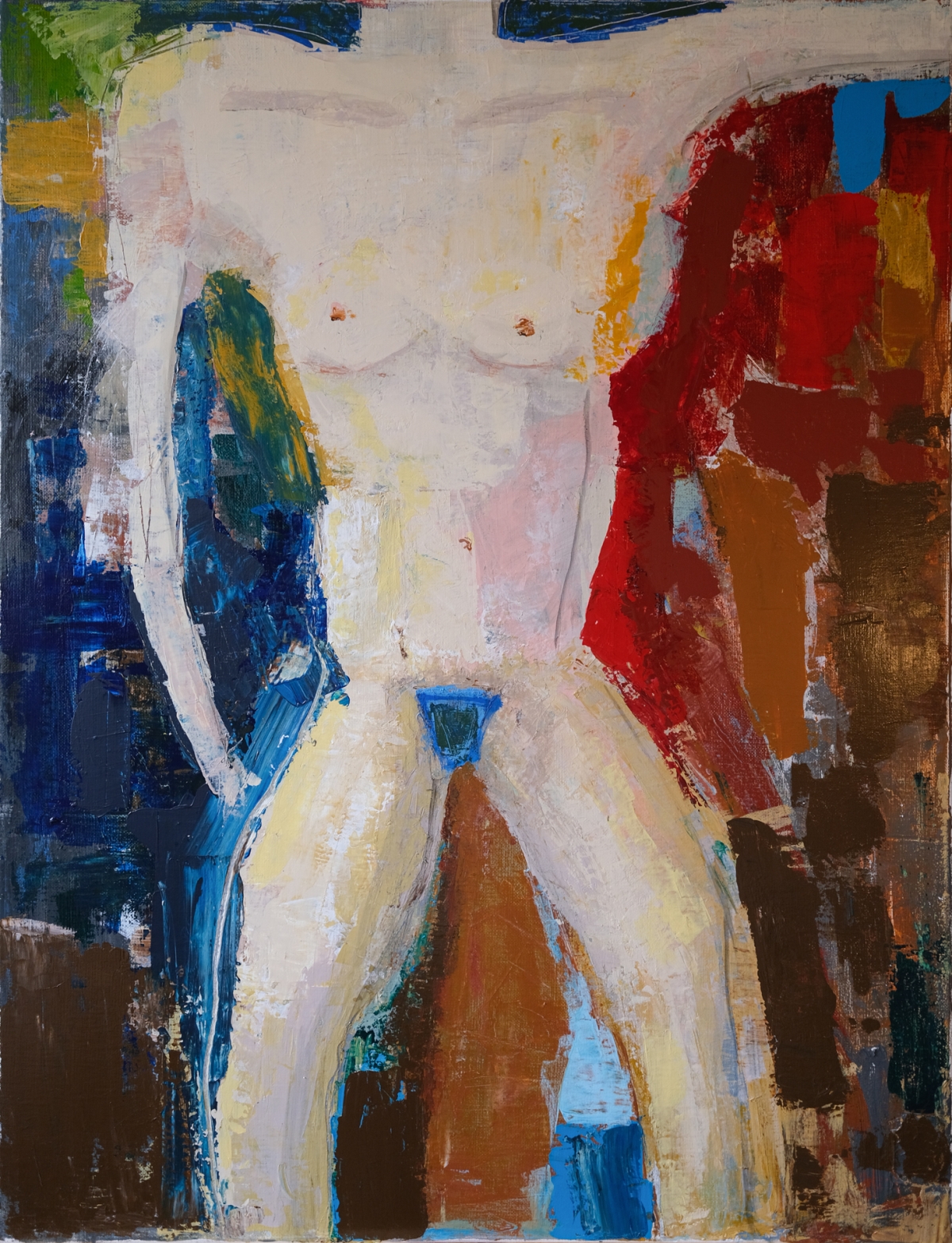 Abstract expressionist painting of a nude torso in cream tones, set against bold blocks of blue, red, and gold, with visible brushwork.