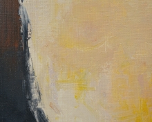 Abstract textured painting with dark navy and rust-brown vertical forms on left, contrasting warm cream and yellow brushstrokes filling the right side.