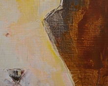 Abstract painting with visible canvas texture, divided diagonally between warm cream/yellow tones and rich rust-brown hues, small triangular accent bottom left.