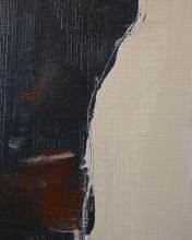 Abstract painting with textured black field on left, rust-brown patches, and cream-beige canvas on right, divided by a jagged white edge.