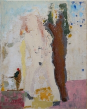 Abstract painting with a tall brown vertical form, pale figure-like shape, small red-headed figure lower left, pink and blue accents.
