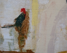 Close-up of an impressionist oil painting showing a figure with a red head, dark green cloak, and ochre tones against a textured cream background.