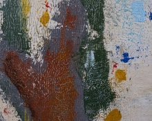 Close-up of thick, cracked oil paint in vertical bands of rust, dark green, gray, and cream with accents of blue, yellow, and red.