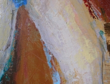 Abstract acrylic painting with textured brushstrokes in warm rust orange, cream white, and deep red, accented by teal and sky blue lines, evoking a mountainous form.