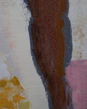 Close-up of textured abstract painting with a vertical rust-brown form outlined in blue-gray, against cream, pink, and mustard tones.