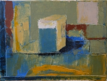 Abstract painting with a geometric cube shape in tan and blue, set against sage green, mustard, rust red, and pale pink blocks of color.