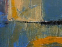 Abstract painting with visible canvas texture, featuring geometric cream and beige shapes, blue-gray background, black horizontal band, and orange brushstrokes at bottom.