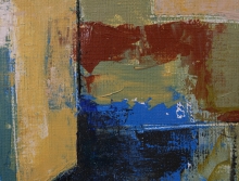 Abstract textured painting with bold blocks of ochre yellow, sage green, deep rust red, and navy blue, divided by rough vertical lines.