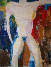 Abstract expressionist painting of a nude torso in cream tones, set against bold blocks of blue, red, and gold, with visible brushwork.