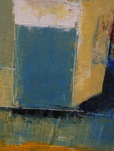 Abstract painting with textured blue, ochre, olive green, and white blocks of color, dark navy accents, and visible canvas grain.